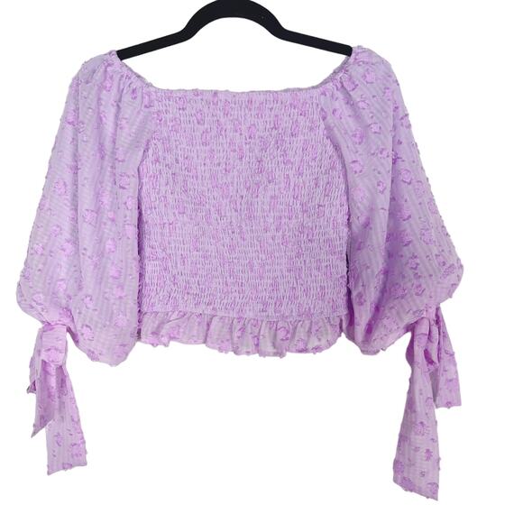 TCEC Purple Small Gingham Cropped Smocked Off The Shoulder Top Blouse 3/4 Sleeve - Picture 1 of 11